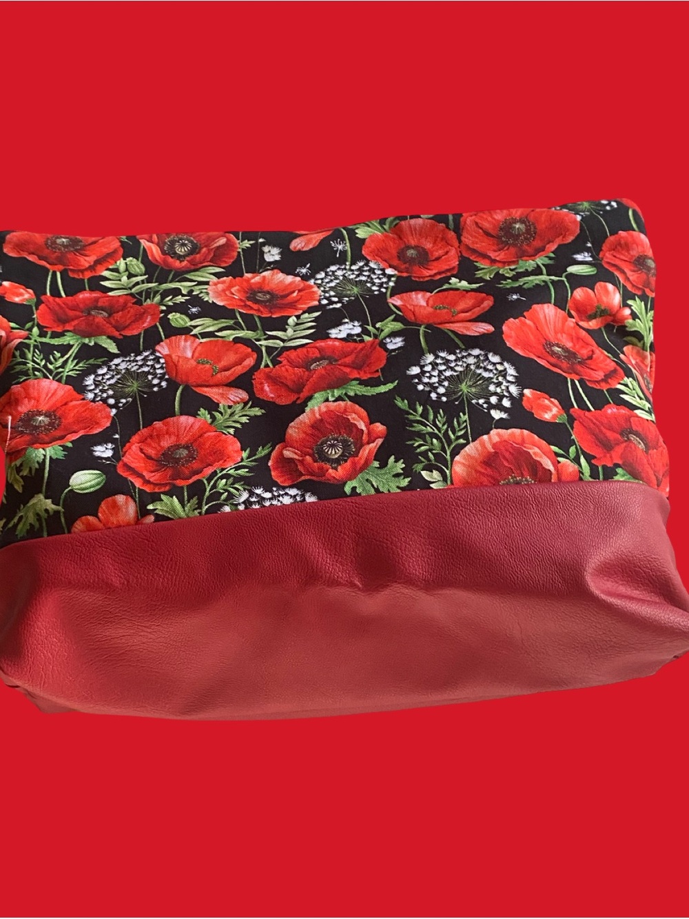 Red Poppy Floral Cosmetic Pouch with Faux-Leather Base